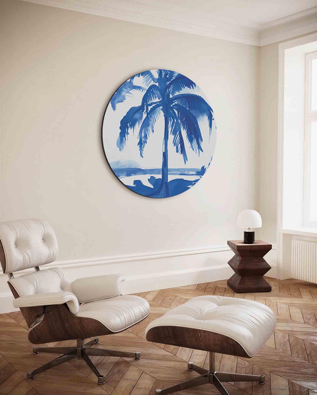 Blauwe palmboom – moderne ronde wanddecoratie van WallArtistic