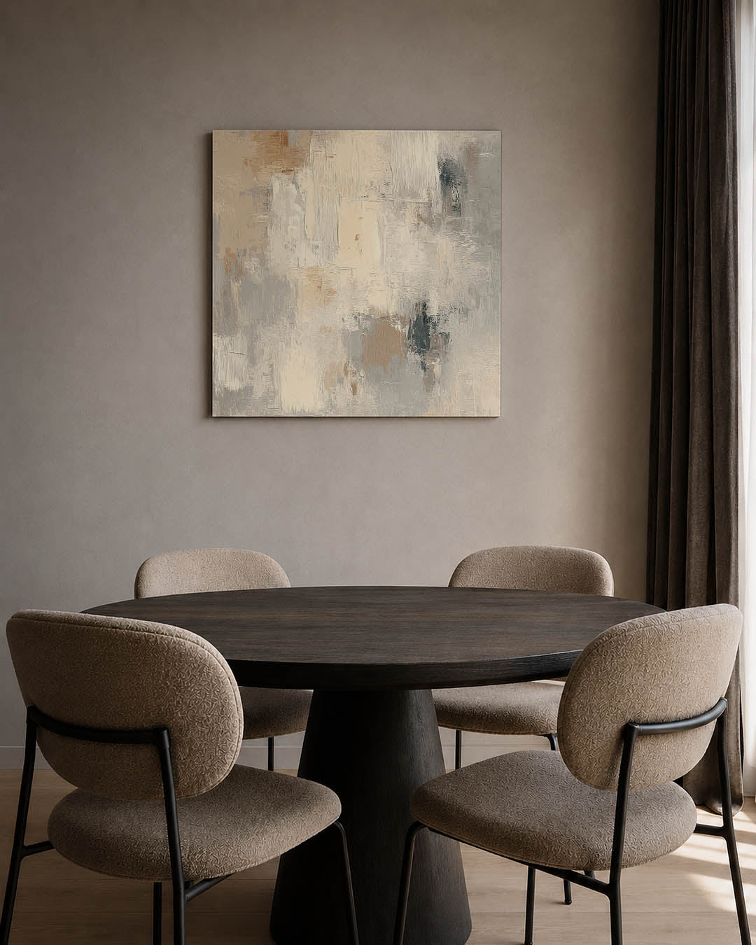 Neutrale kleurencompositie kunstwerk – tweede productweergave – dit werk toont een subtiele mix van beige en grijs, met