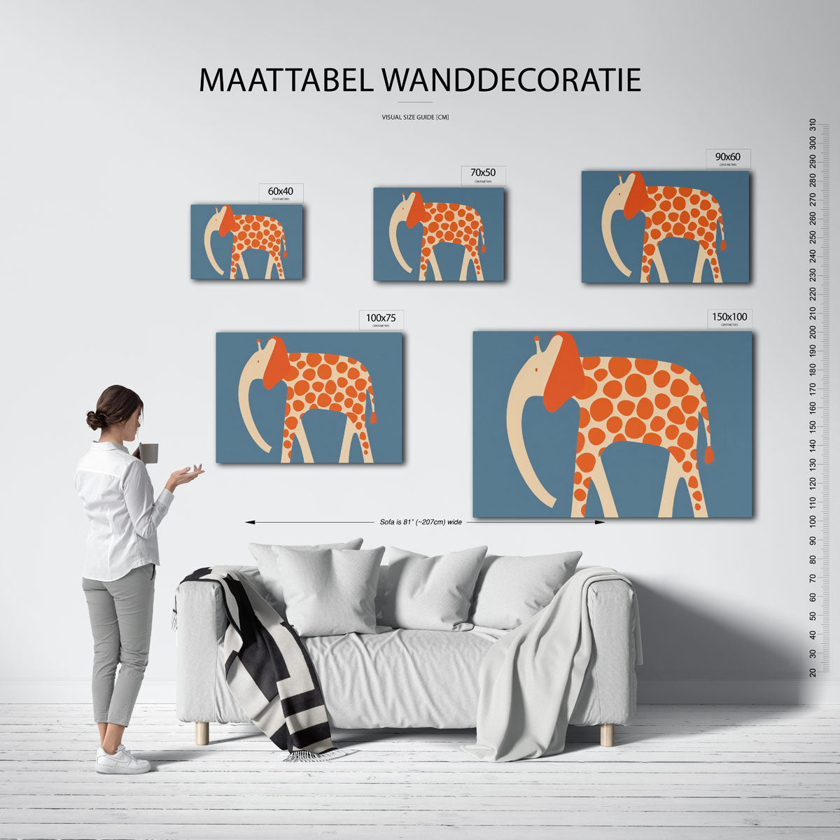 Speelse olifant illustratie – Olifant – moderne liggende wanddecoratie