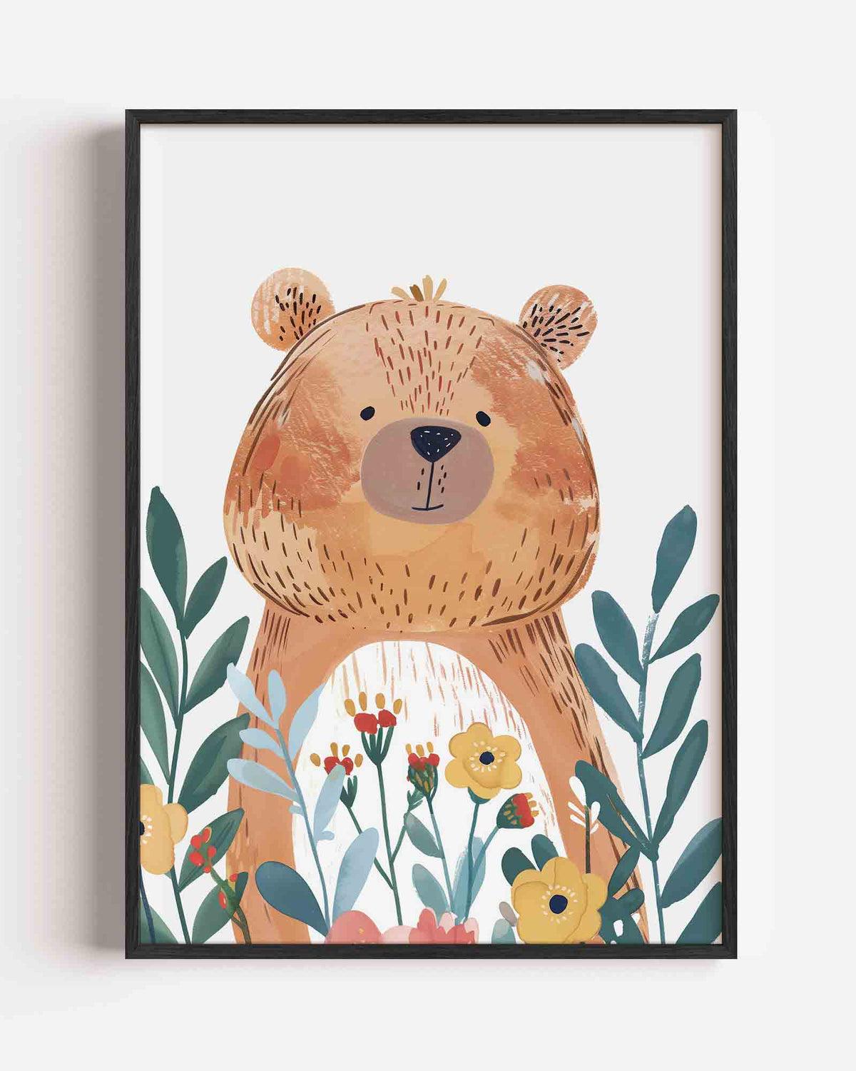 Beer en bloemen – kids portret poster als wanddecoratie