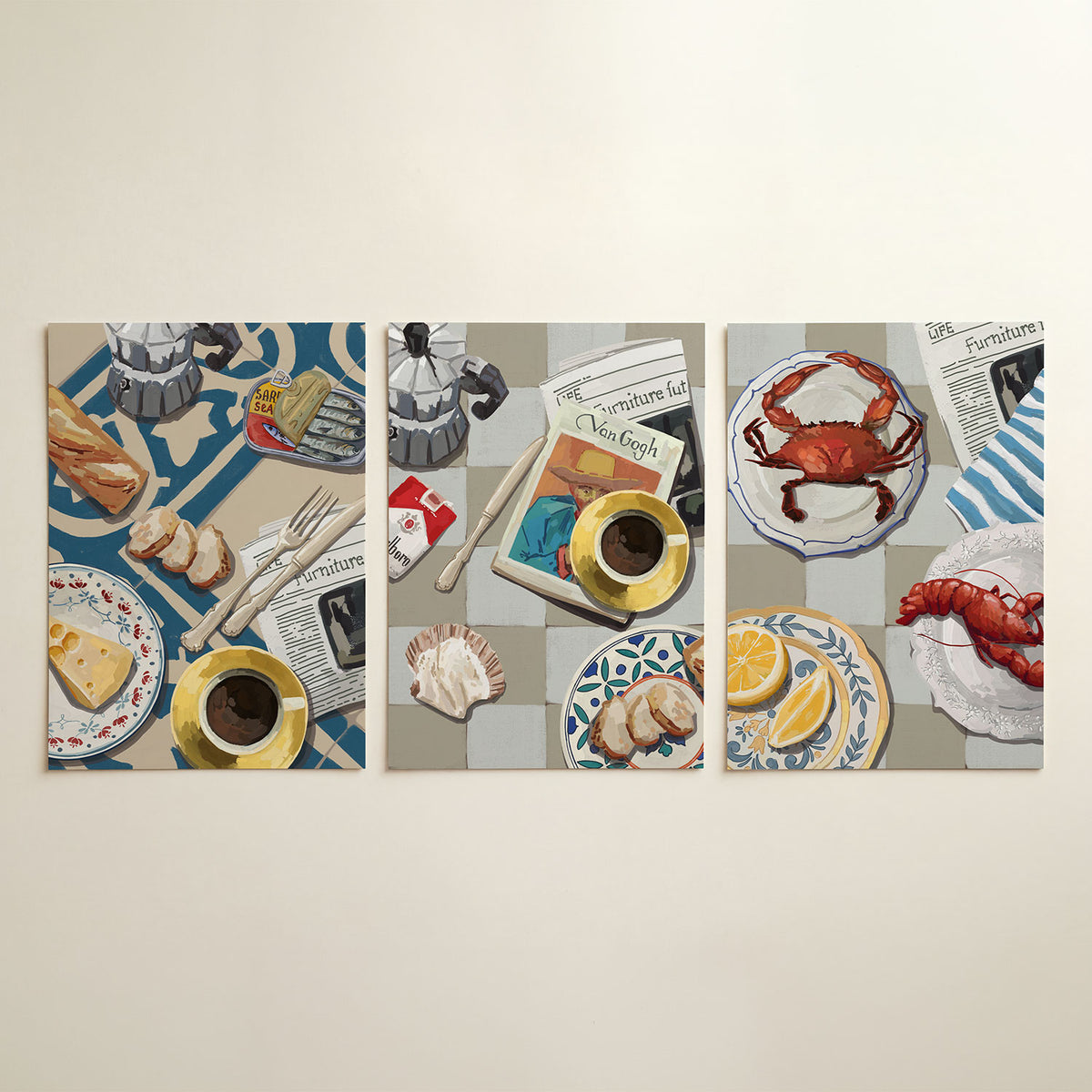 Ontbijt en patronen driedelige posterset in interieur