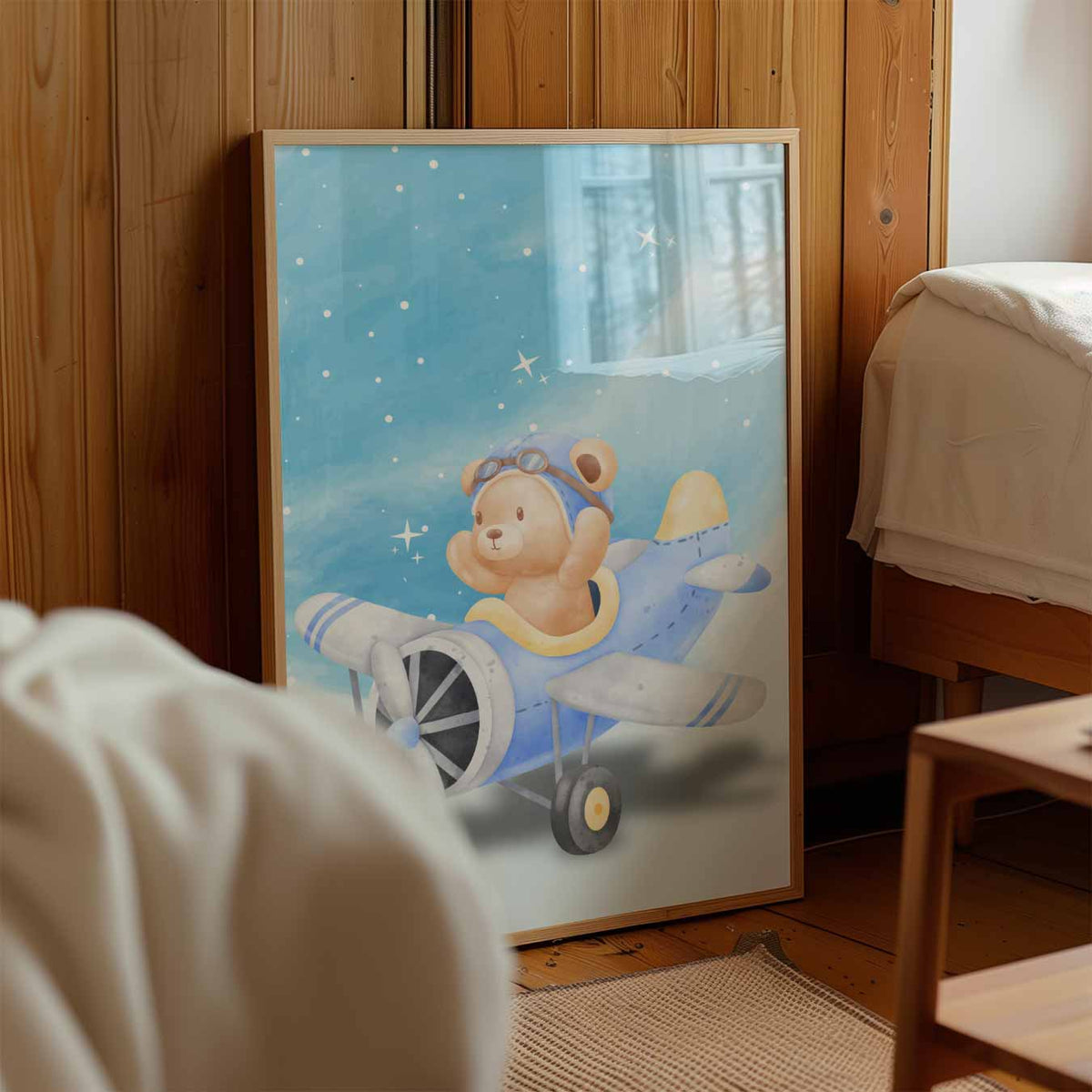 Beer in Vliegtuig – kinderposter in staand formaat