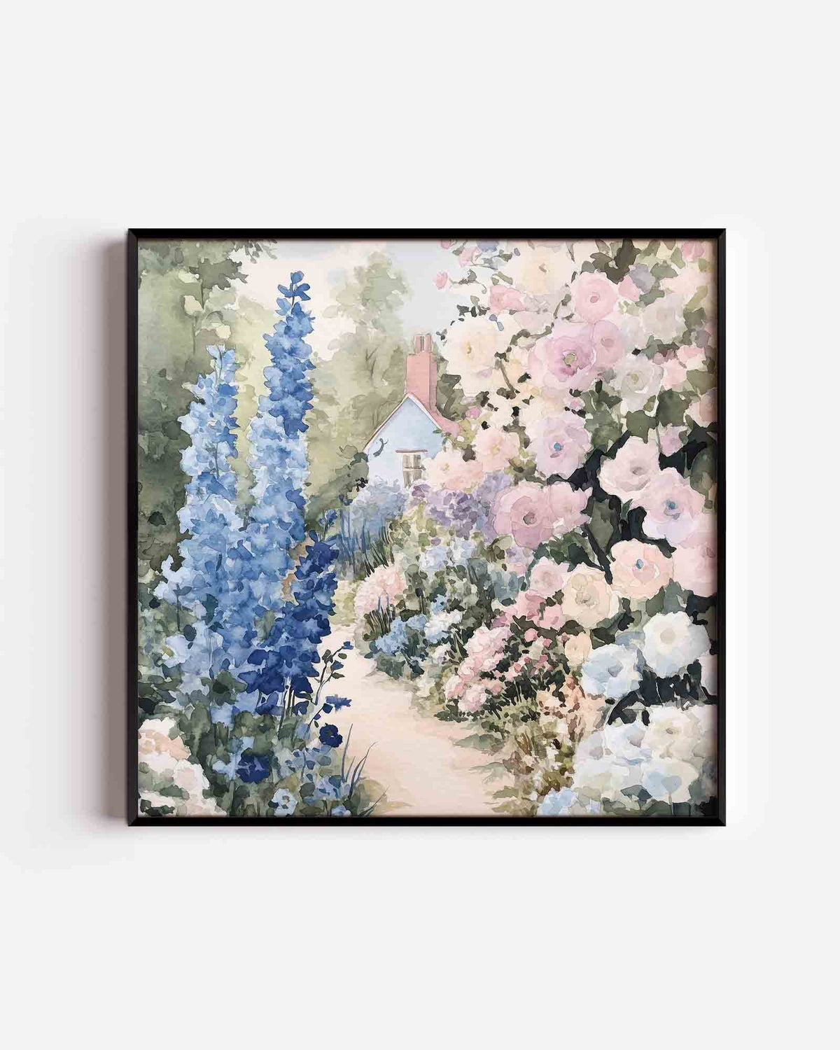 Bloementuin en huisje – vierkante kinderposter als wanddecoratie