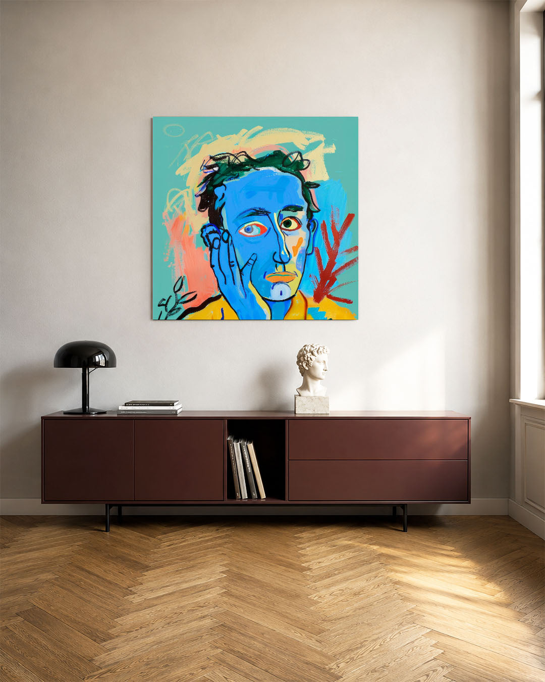 Portretstudie kunstwerk – tweede productweergave – dit werk toont een portret met levendige kleuren en dynamische lijnen. De