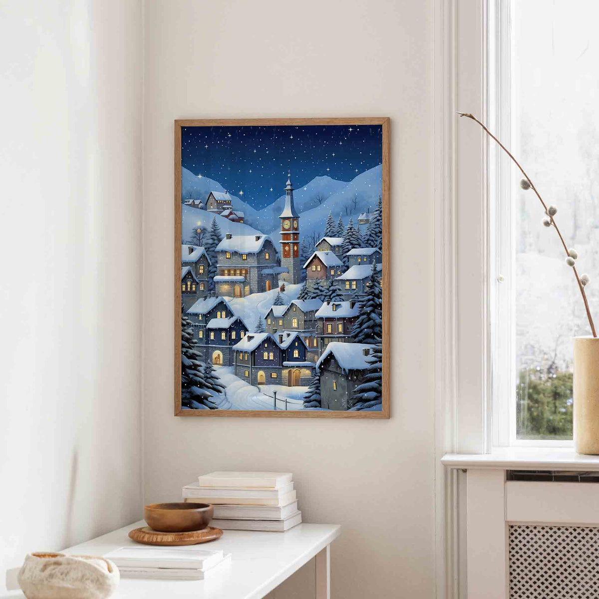 Sneeuwlandschap met huizen – staande kerst wanddecoratie van WallArtistic