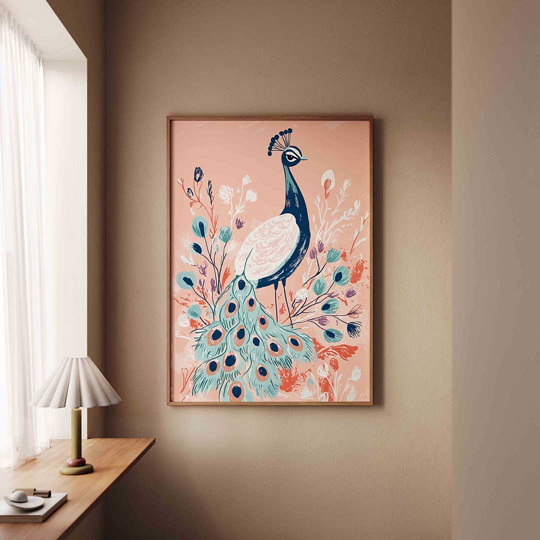 Pauw met bloemen – staande dieren wanddecoratie van WallArtistic