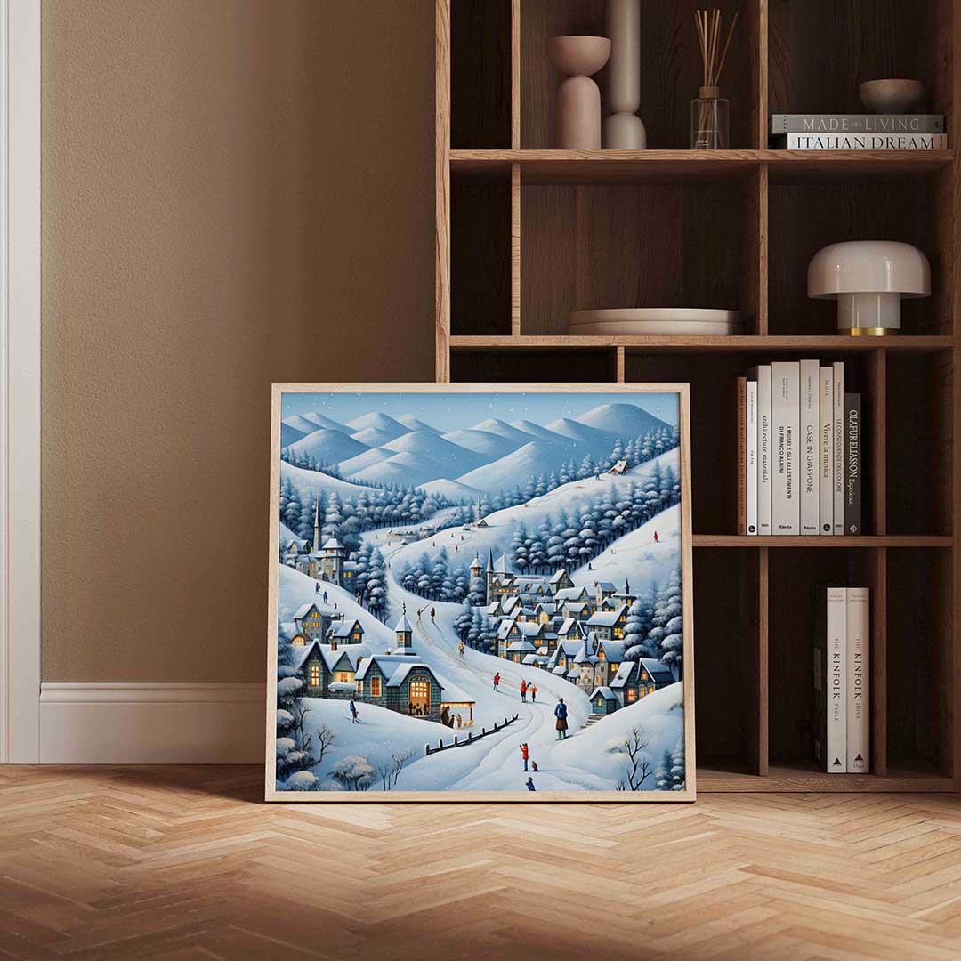 Winterdorp in bergen – kerstposter in vierkant formaat
