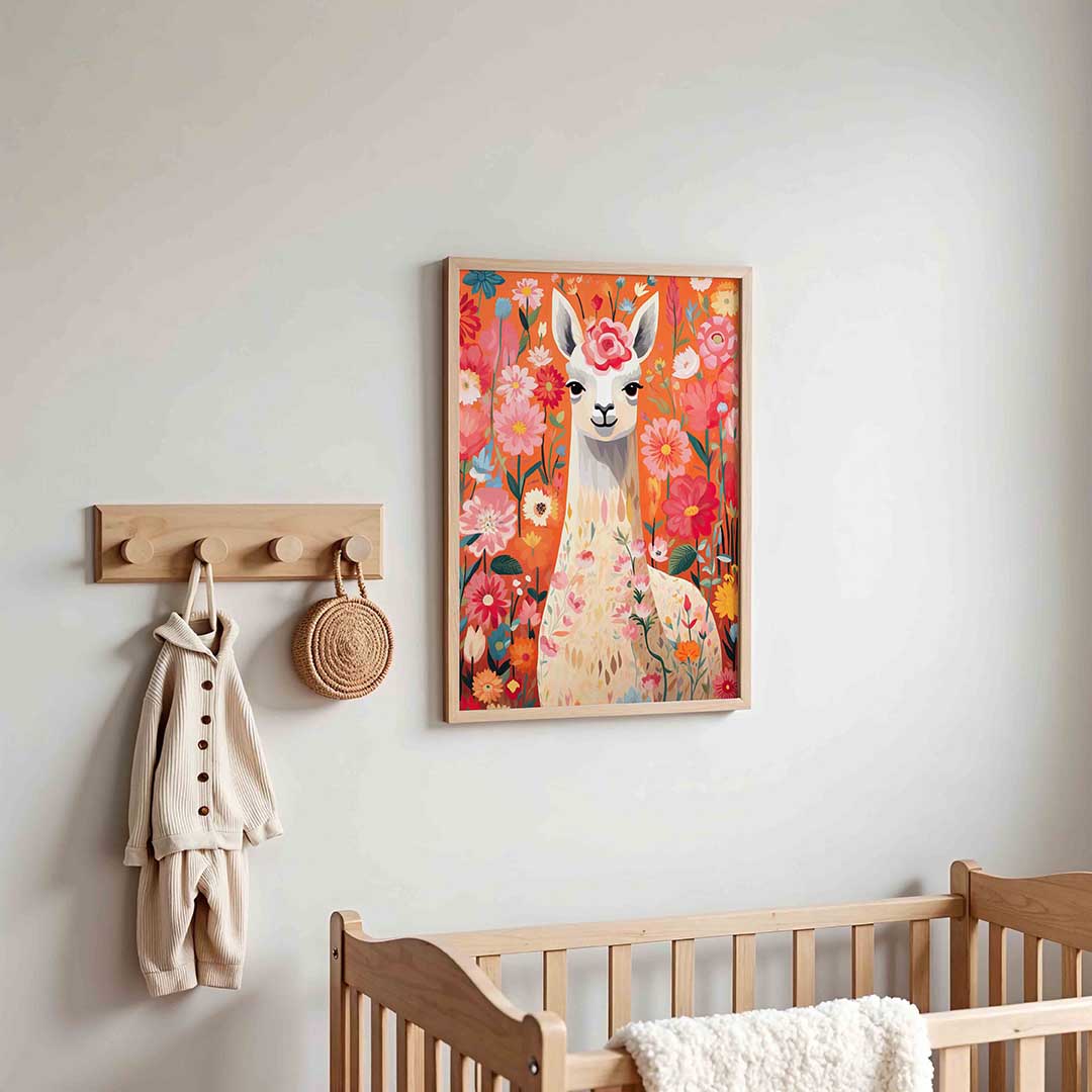 Lama tussen bloemen – kinderposter in staand formaat