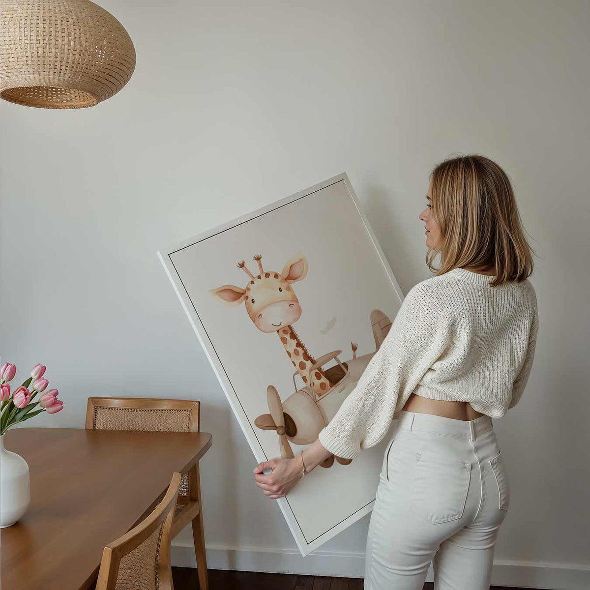 Luchtige Droomvlucht Giraffe – kids poster als vrolijke staande wanddecoratie