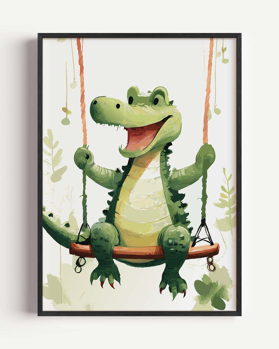 Vrolijke Krokodil op Schommel – kids portret poster als wanddecoratie