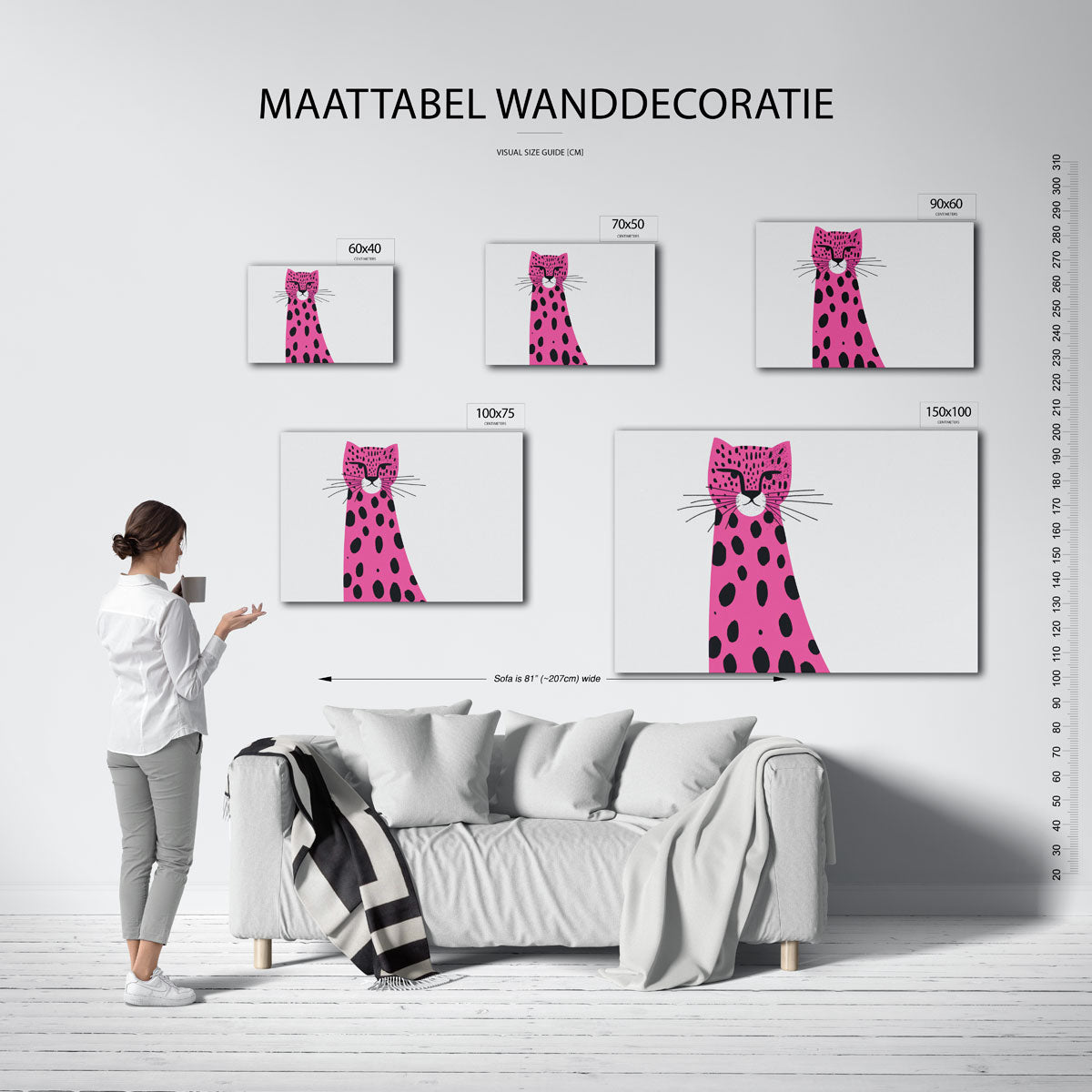 Speelse roze luipaard – moderne liggende wanddecoratie