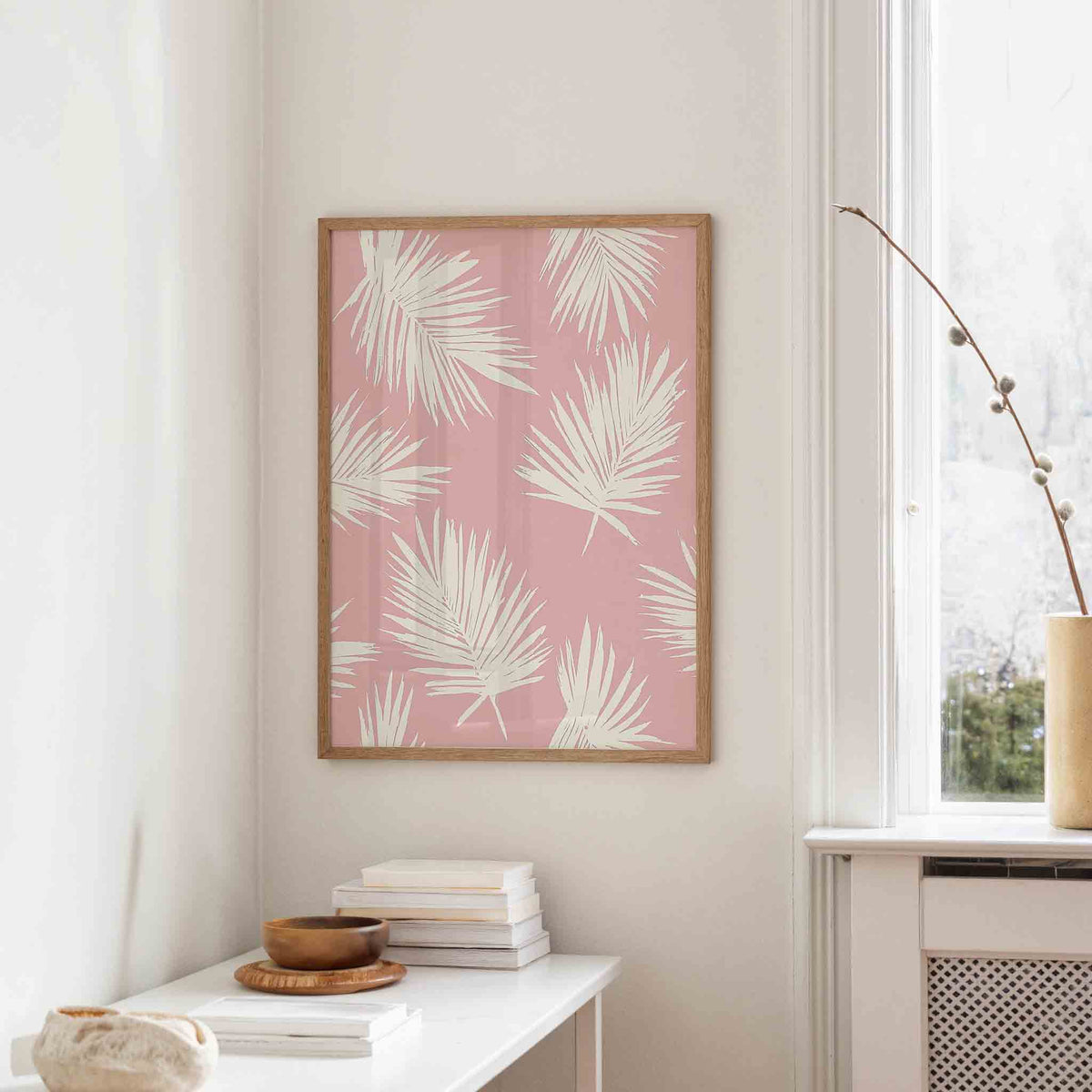 Beige bladeren op roze – staande hedendaagse wanddecoratie van WallArtistic