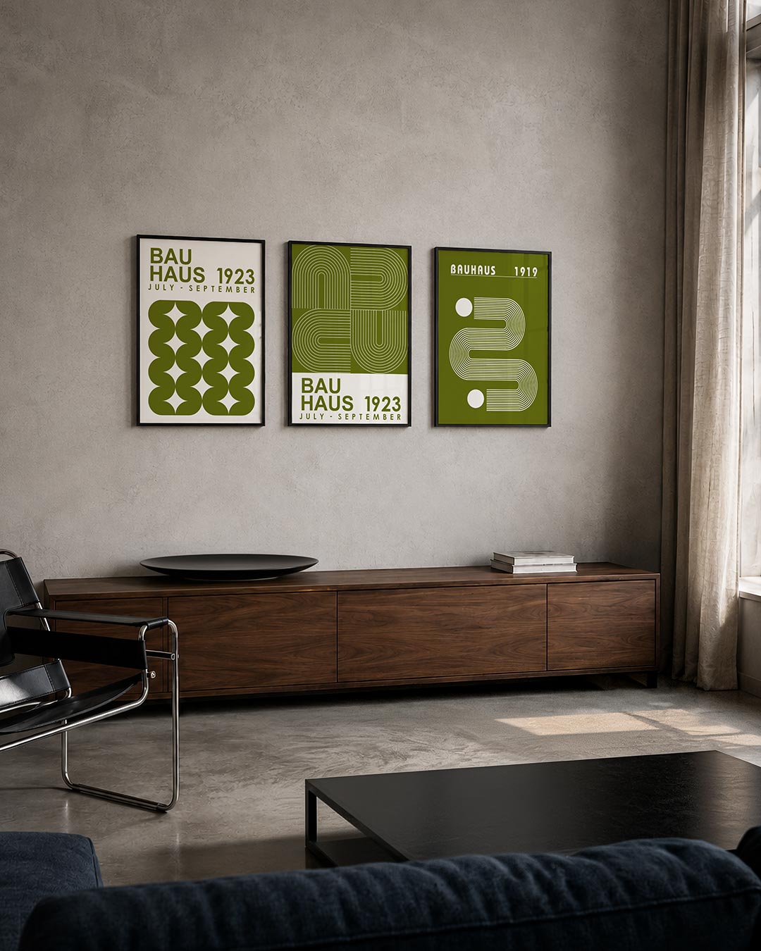 Vorm en ritme posterset – tweede productweergave – deze posterset in drie delen toont een speelse ordening van olijfgroene