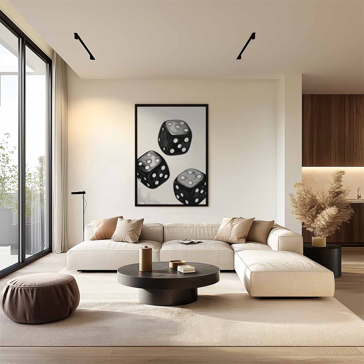 Dansende Dobbelstenen – plexiglas wanddecoratie in portret formaat