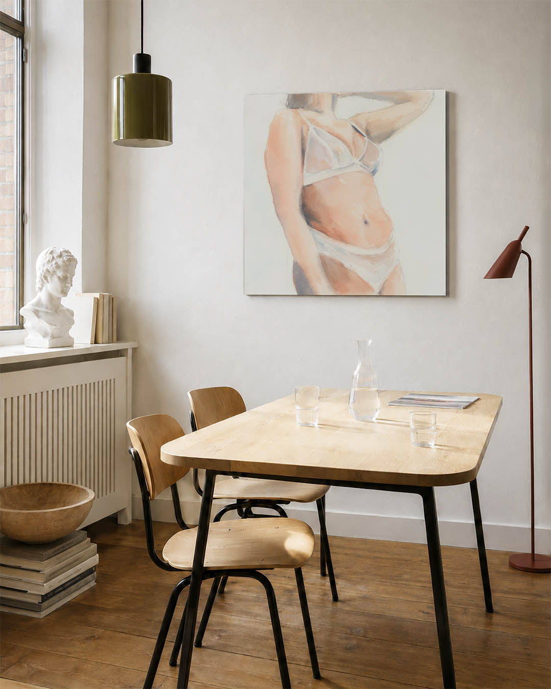 Zachte lichaamsvormen kunstwerk – vierkante wanddecoratie – dit werk toont subtiele lijnen en zachte kleuren die een serene