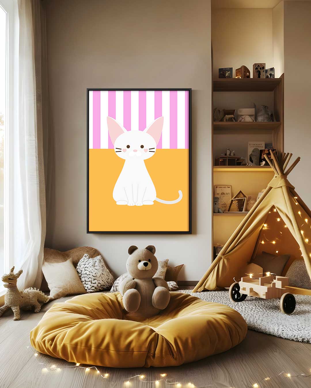 Schattige Kat op Streepjesachtergrond – modern portret kunstwerk van WallArtistic