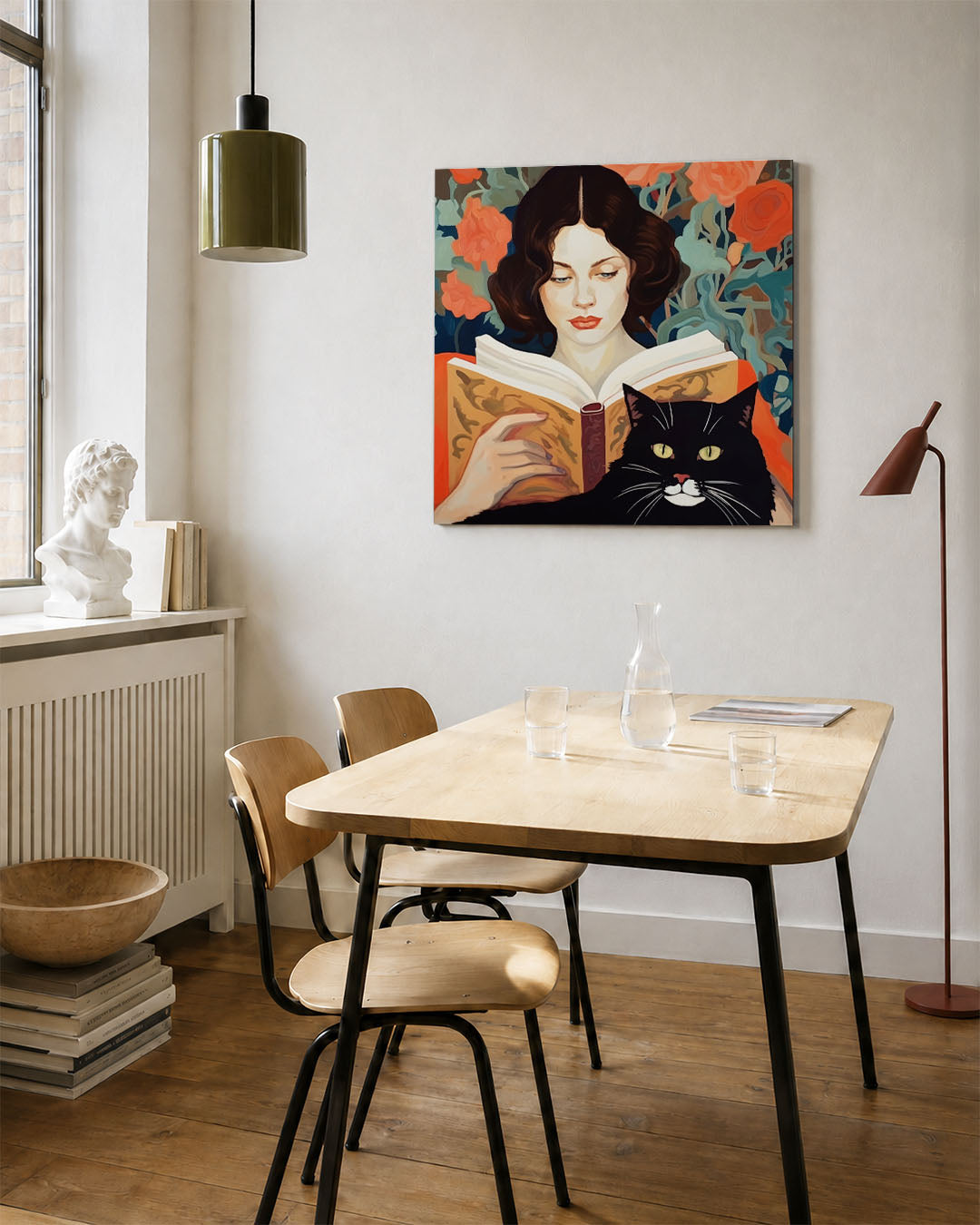 Vrouw met kat en boek kunstwerk – vierkante wanddecoratie – een vrouw leest een boek terwijl een zwarte kat op de voorgrond
