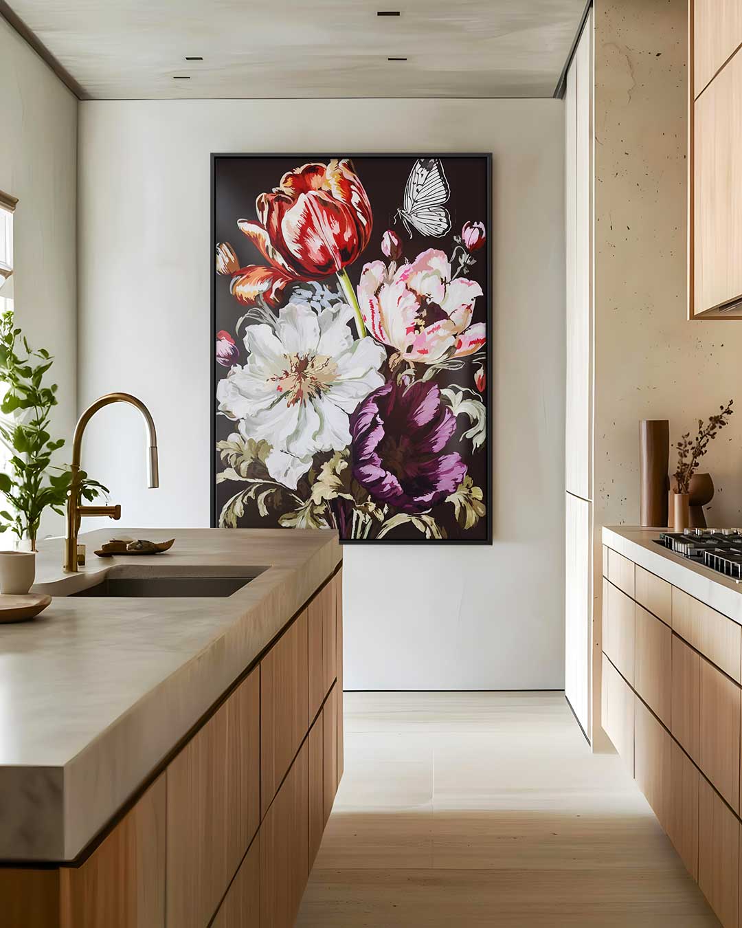 Bloemenpracht met Vlinder – plexiglas wanddecoratie in portret formaat
