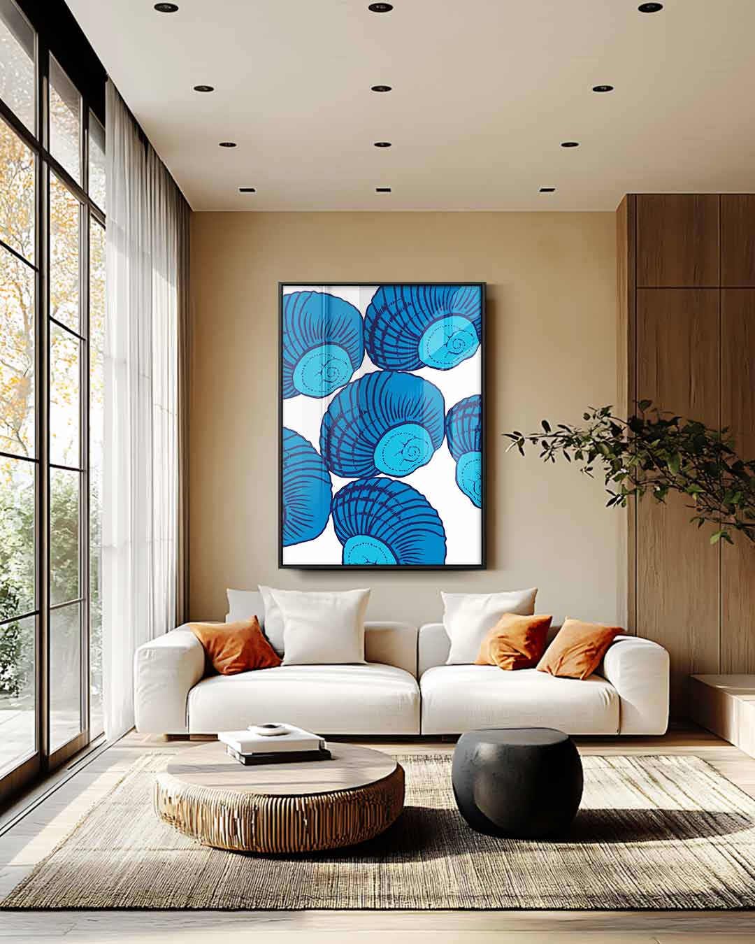 Blauw Gedraaid Schelpenkunstwerk – staand kunstwerk voor modern interieur