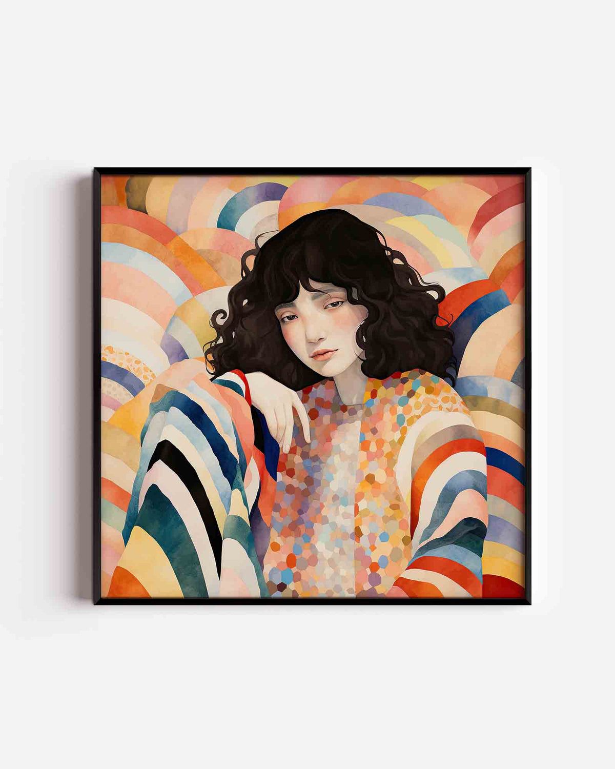 Vrouw met kleurrijke achtergrond – kleurrijke illustratie poster als wanddecoratie