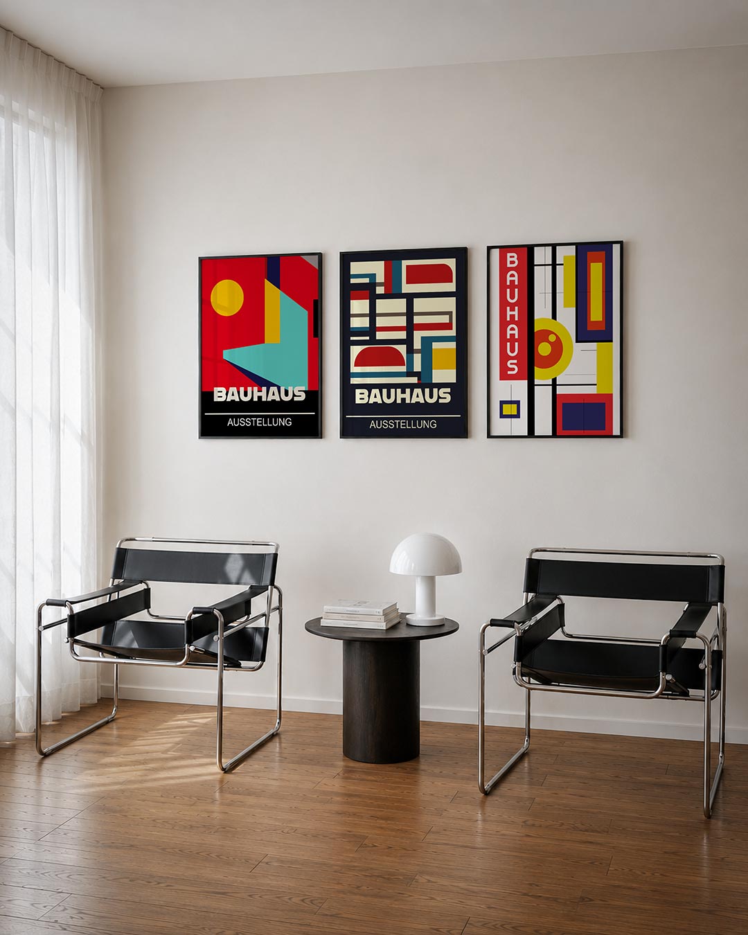 Kleurrijke vlakverdeling driedelige posterset – deze posterset in drie delen toont een levendig spel van rode, gele en blauwe