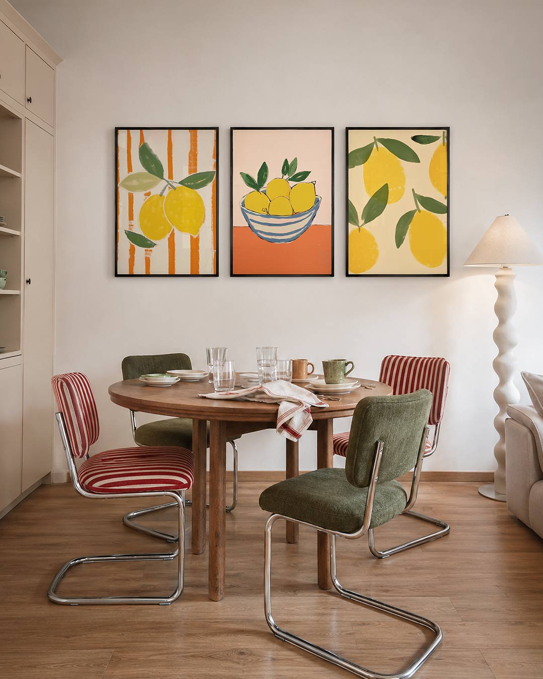 Citrus en strepen driedelige posterset – deze posterset in drie delen toont levendige gele citroenen met