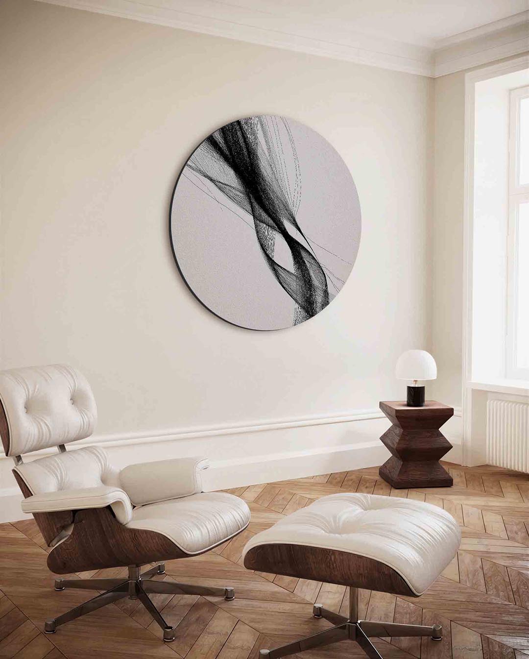Zwarte lijnen – moderne ronde wanddecoratie met vrouwelijk portret