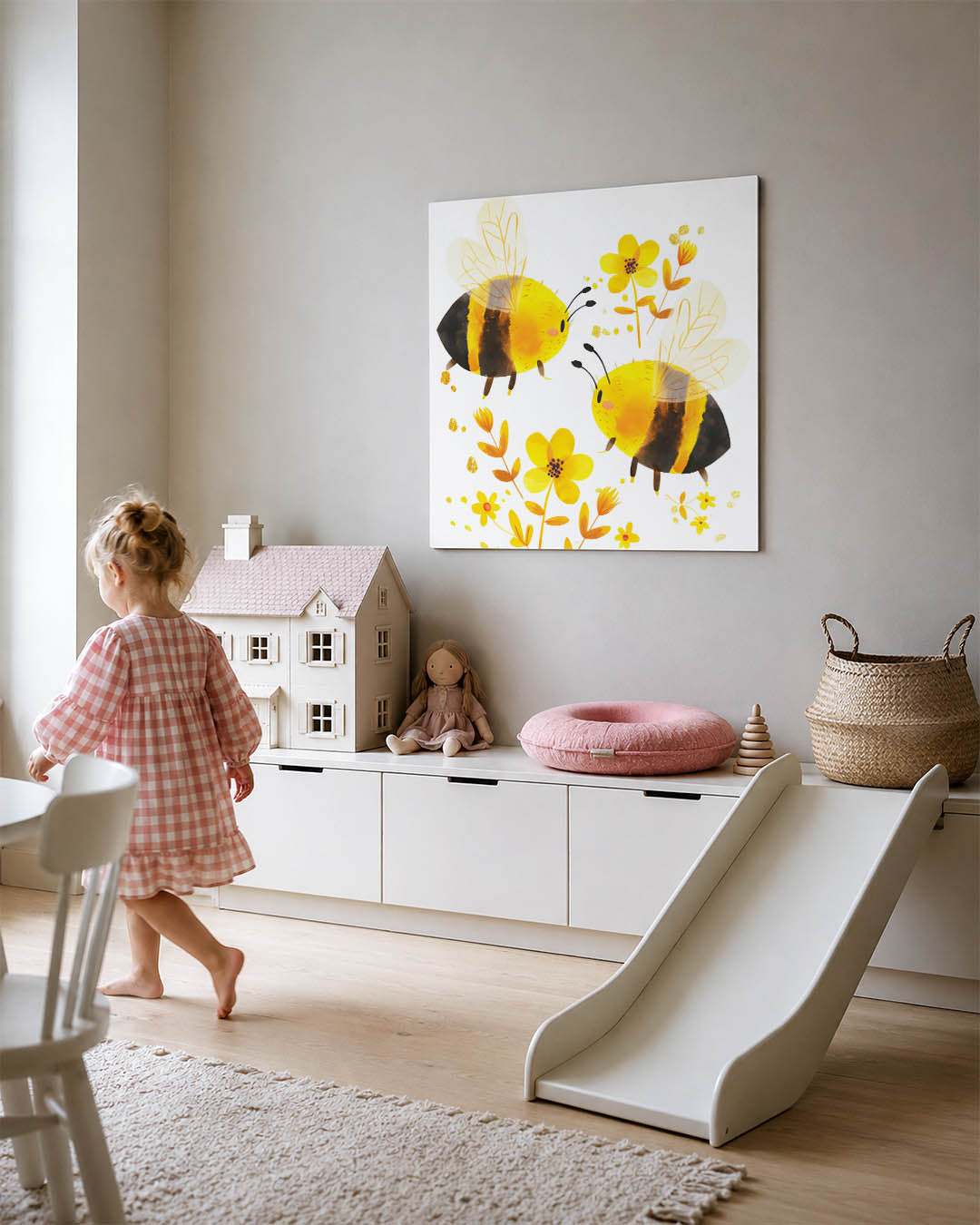 Vrolijke bijen en bloemen kunstwerk – tweede productweergave – dit werk toont twee speelse bijen omringd door levendige