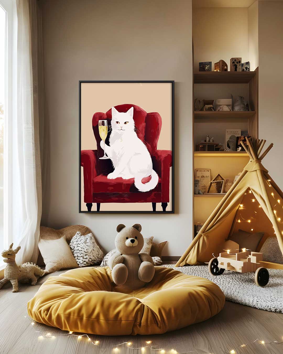 Aristocratische Kat op Rode Fauteuil – canvas wanddecoratie in portret formaat