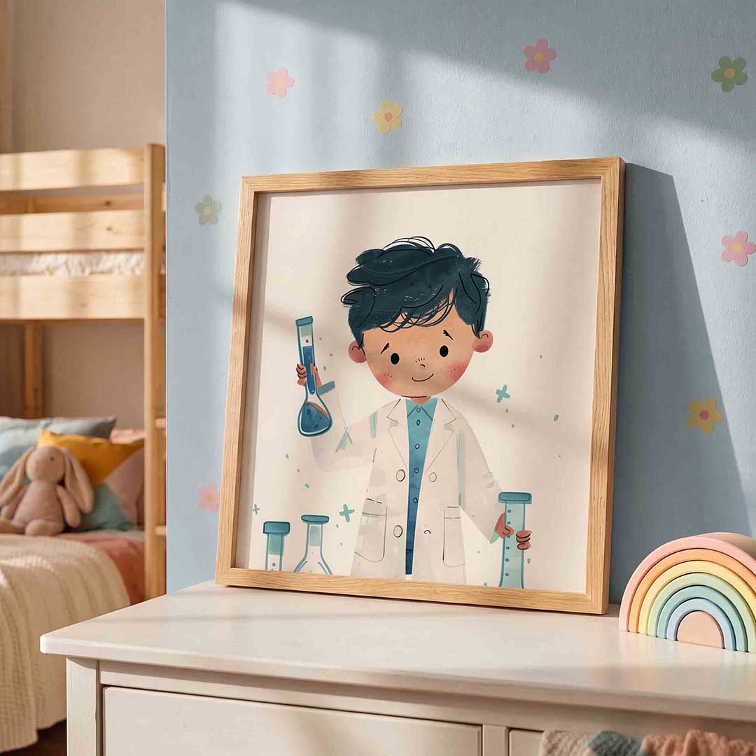 Jonge wetenschapper – speelse wandkunst als vierkante kinderposter