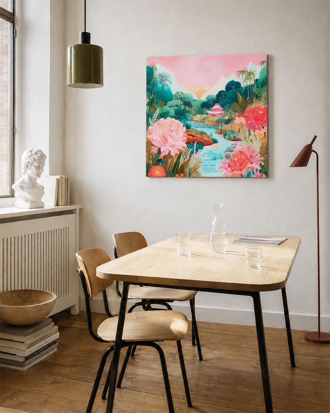Dromerige tuin kunstwerk – vierkante wanddecoratie – dit kunstwerk toont een serene tuin met levendige bloemen en een rustig