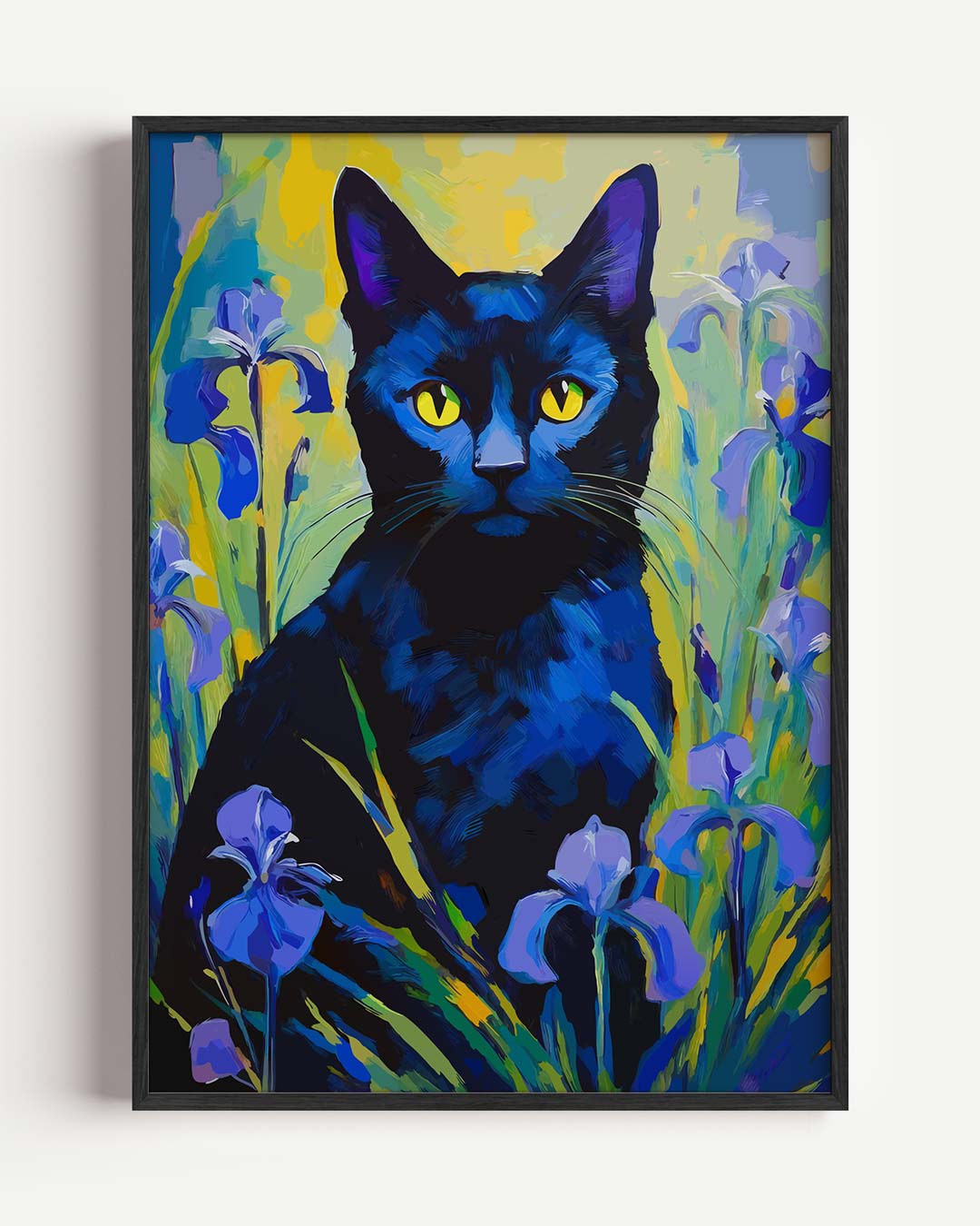 Mystieke Kat en Irissen – dieren portret poster als wanddecoratie