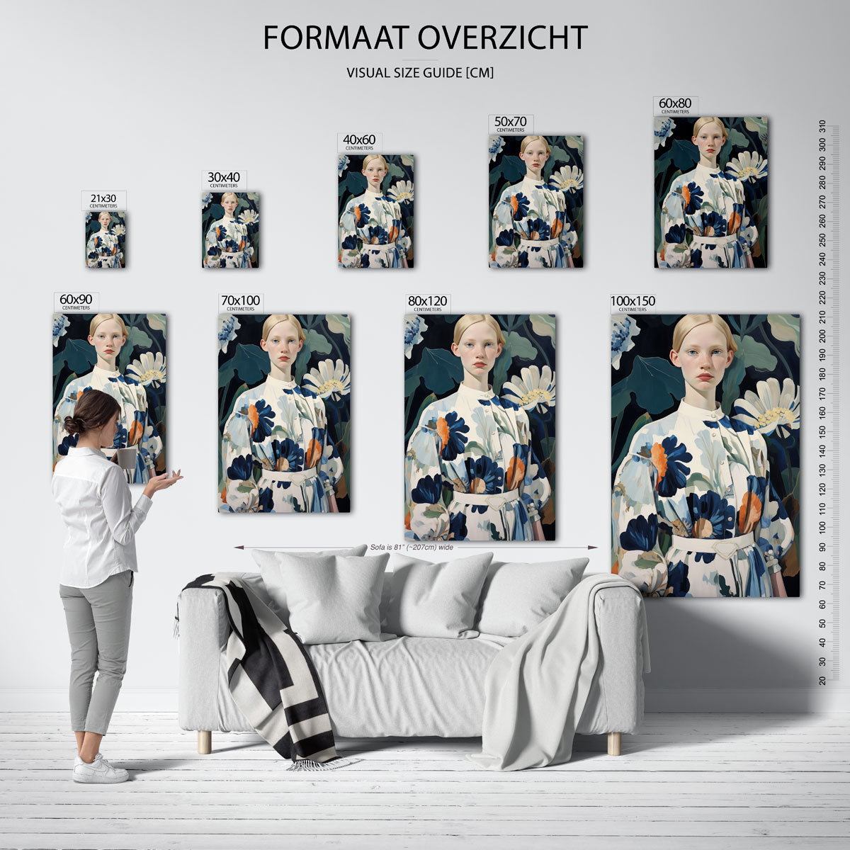 Vrouw met bloemenjurk – staande muurposter met botanisch thema