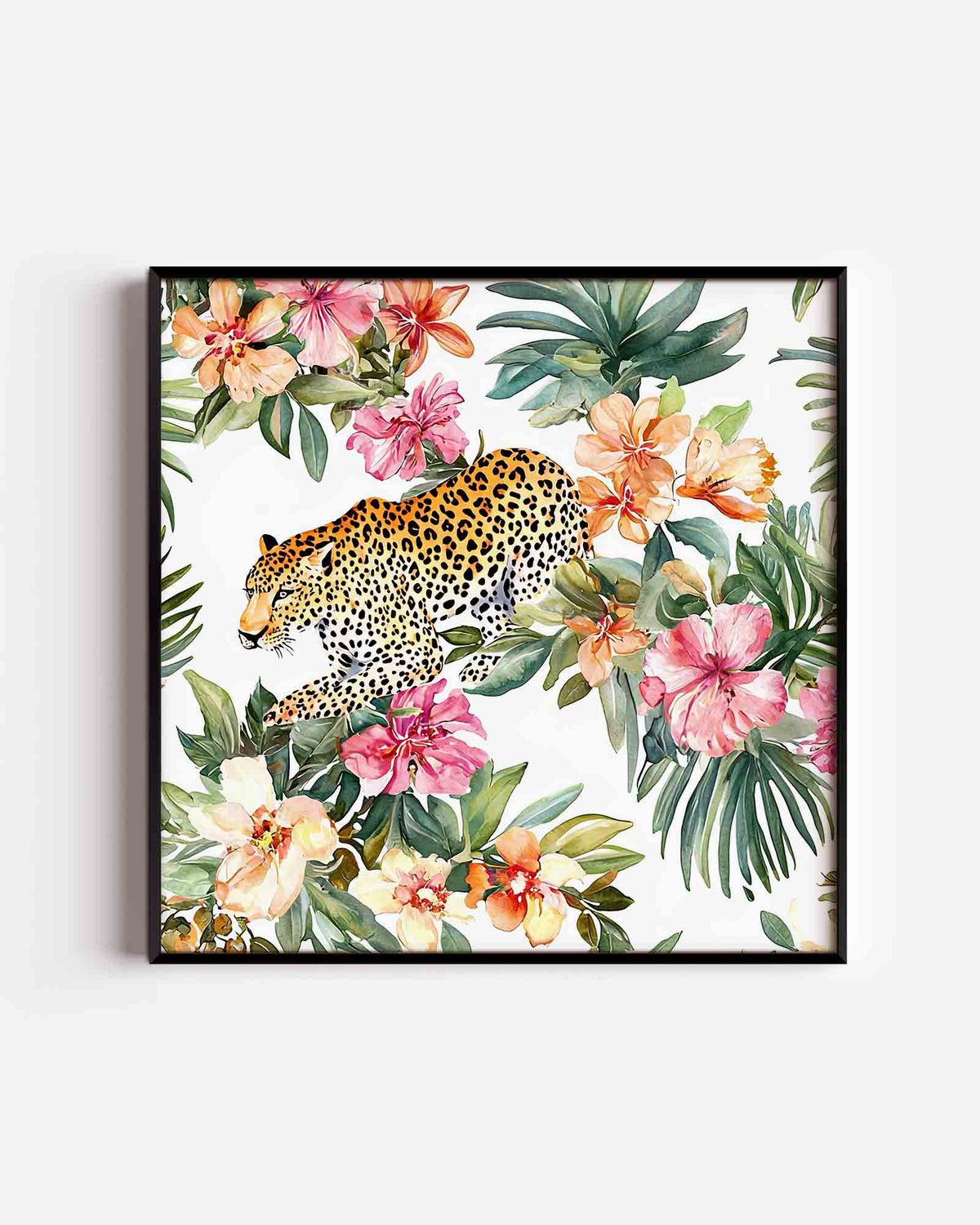 Luipaard en bloemen – vierkante dierenposter als wanddecoratie