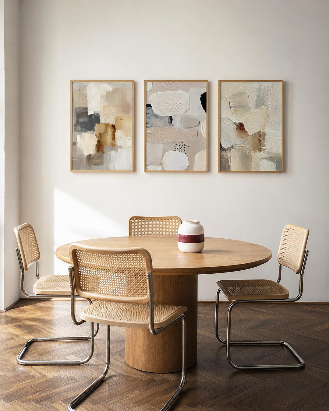 Zachte kleurvlakken posterset – derde productweergave – deze posterset in drie delen toont een harmonie van beige,
