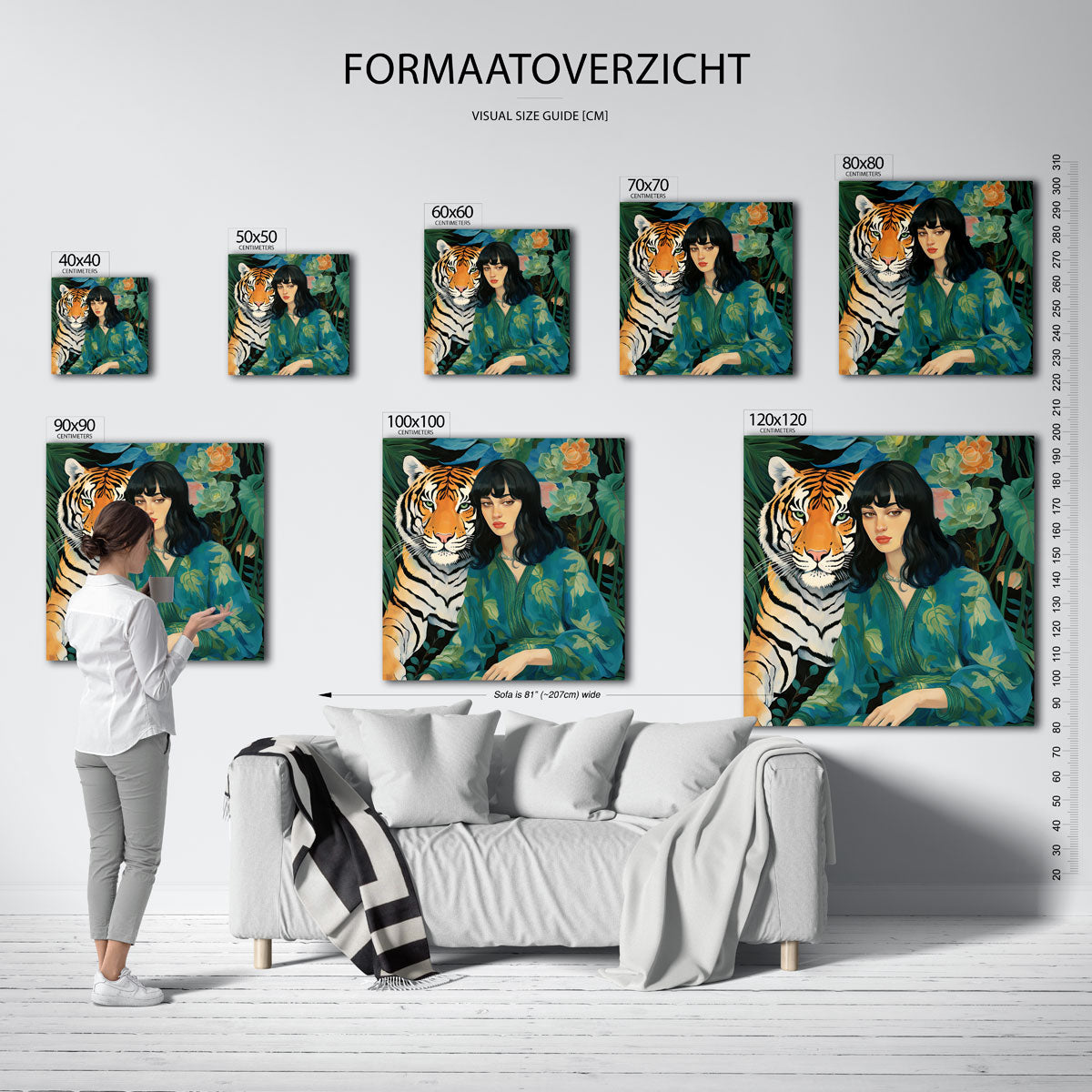 Vrouw en tijger – vierkante muurposter met kleurrijke illustratie