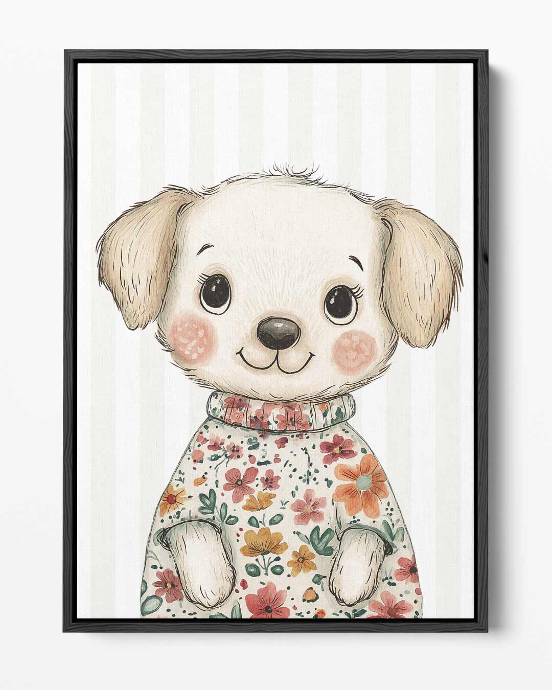 Schattige Puppy in Bloemensweater – portret kunstwerk als wanddecoratie