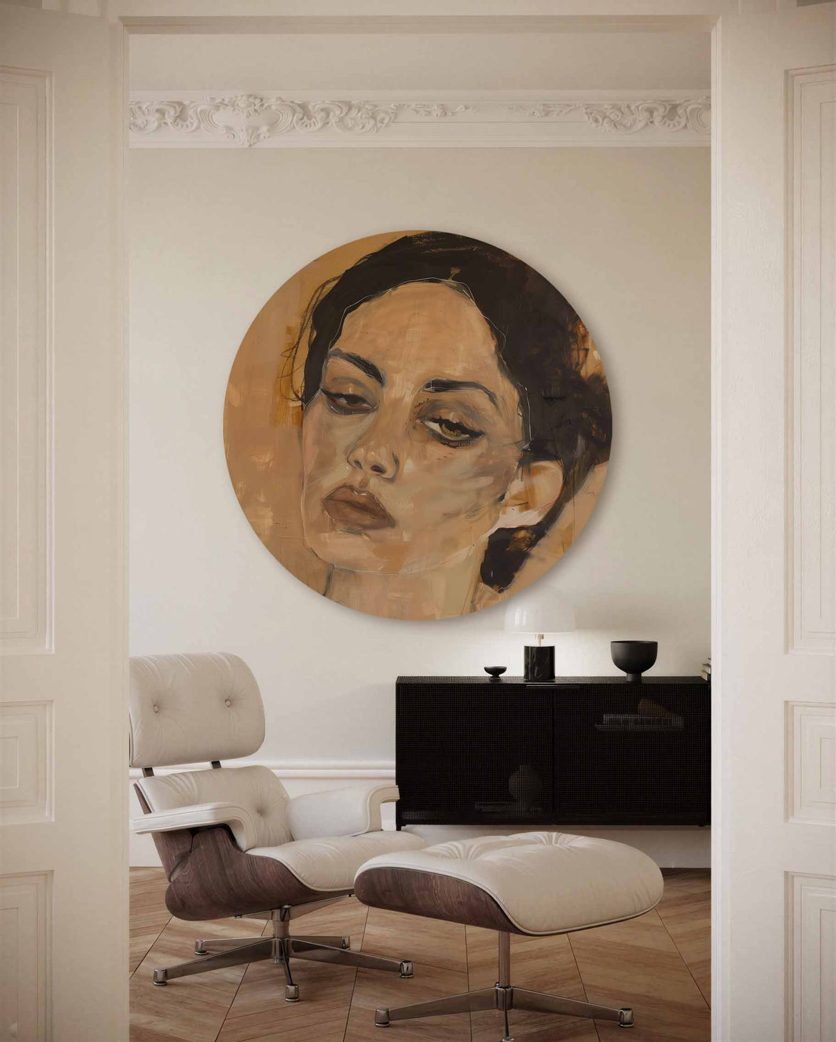 Portret van vrouw – muurcirkel met kleur en vormen voor aan de muur