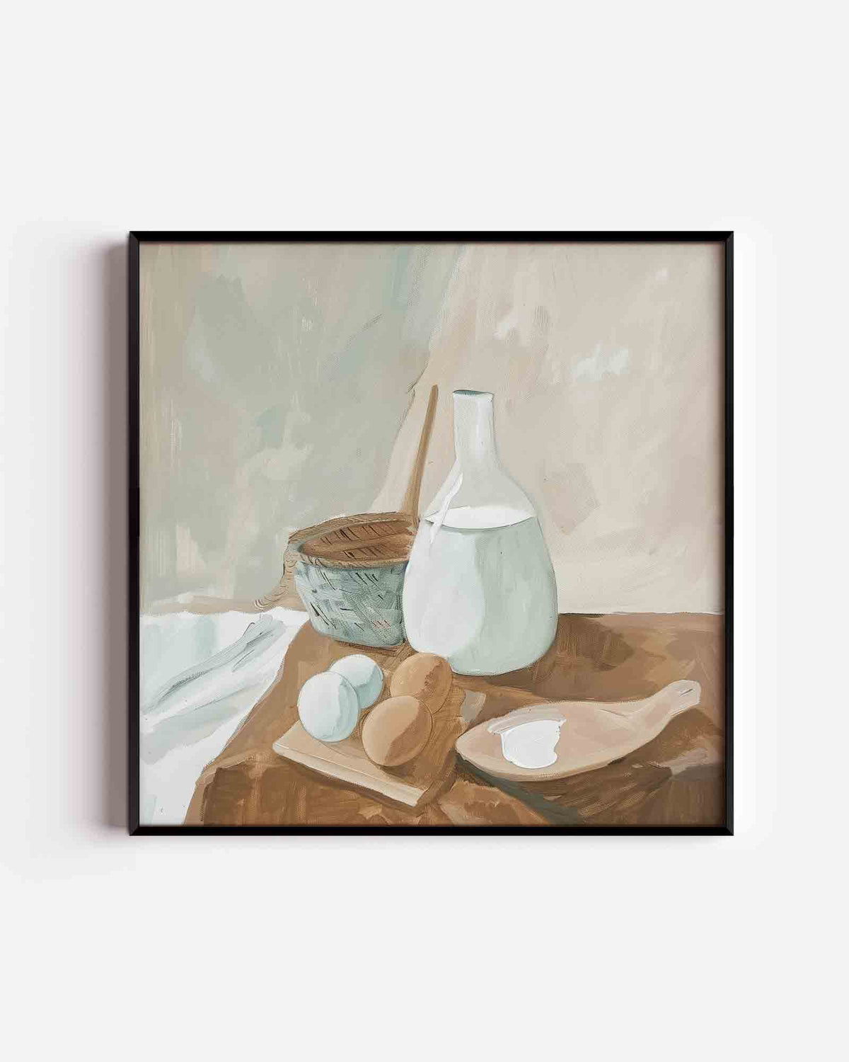 Stilleven met eieren en melk – design vierkante poster als wanddecoratie