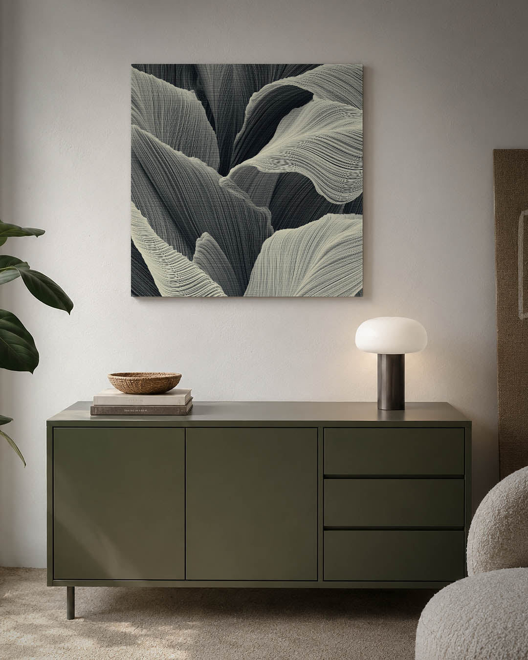 Golvende lijnen kunstwerk – detailweergave – dit werk toont vloeiende, golvende lijnen in een dynamisch patroon. De kleuren