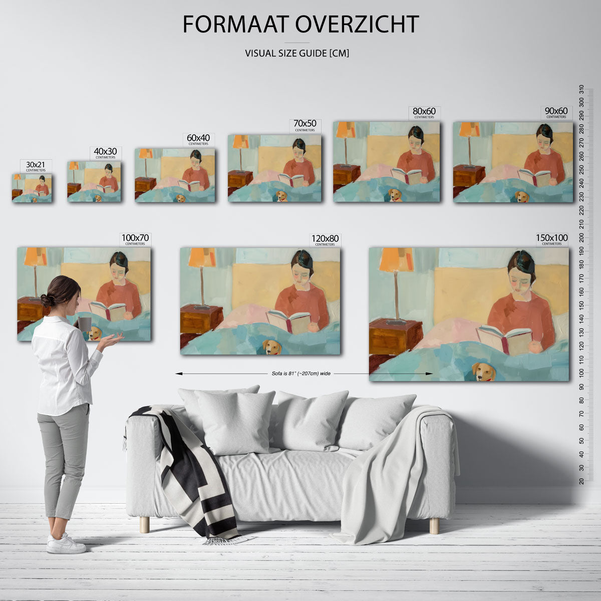 Lezende vrouw met hond – landscape muurposter met eigentijdse illustratie