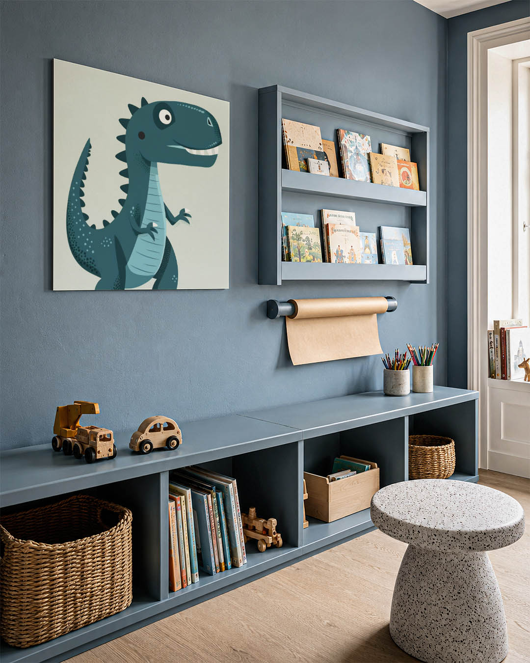 Speelse dino illustratie kunstwerk – detailweergave – dit werk toont een speelse dinosaurus met een glimlach. De zachte