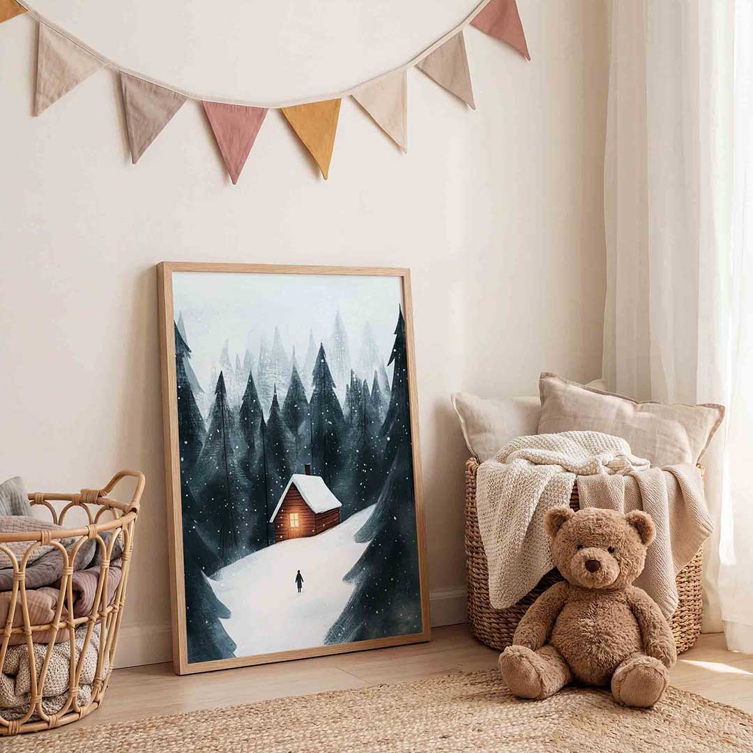 Sneeuwlandschap met huis – speelse wandkunst als portret kinderposter