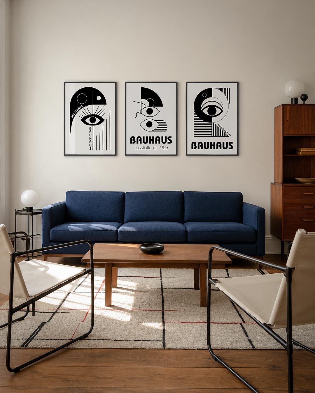 Oog en lijnen driedelige posterset – zwart-wit compositie met een centraal oog, omgeven door strakke lijnen en cirkels. De