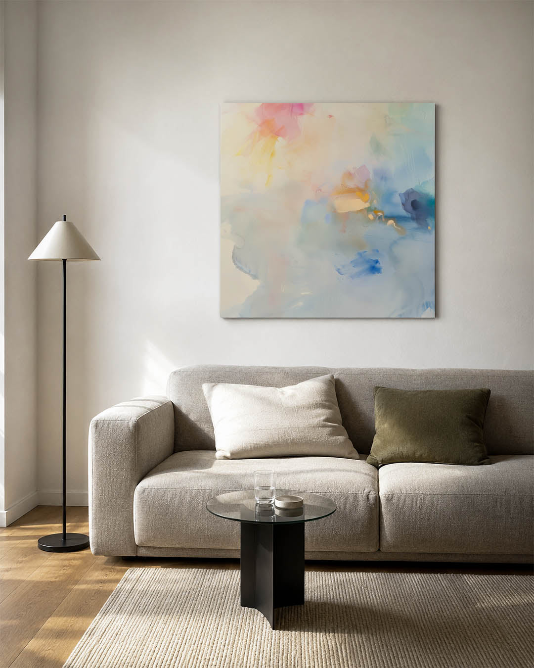 Dromerige kleurencompositie kunstwerk – vierkante wanddecoratie – dit werk toont een vloeiende mix van zachte kleuren en