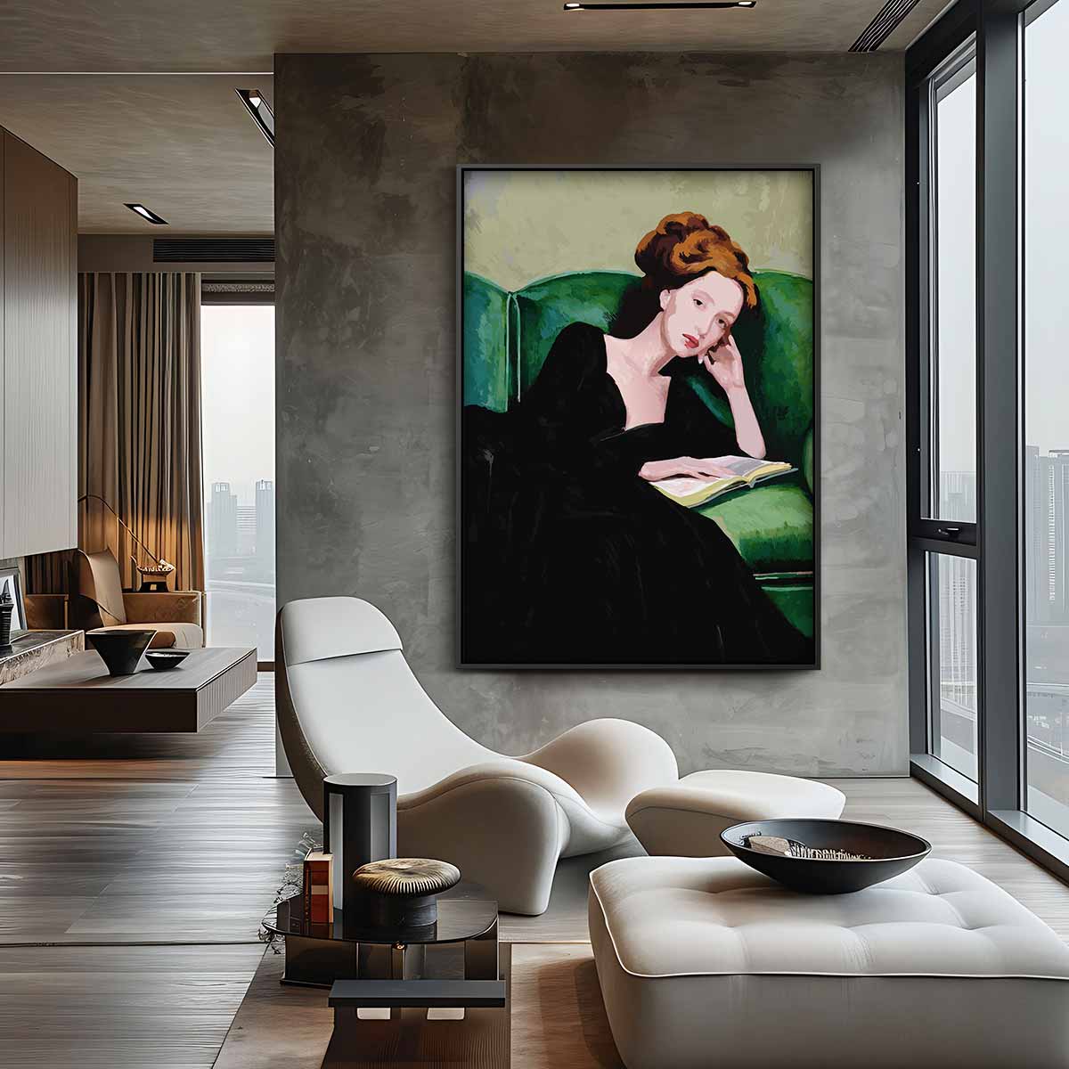 Dromerige Lezeres op Groene Bank – staand kunstwerk voor modern interieur