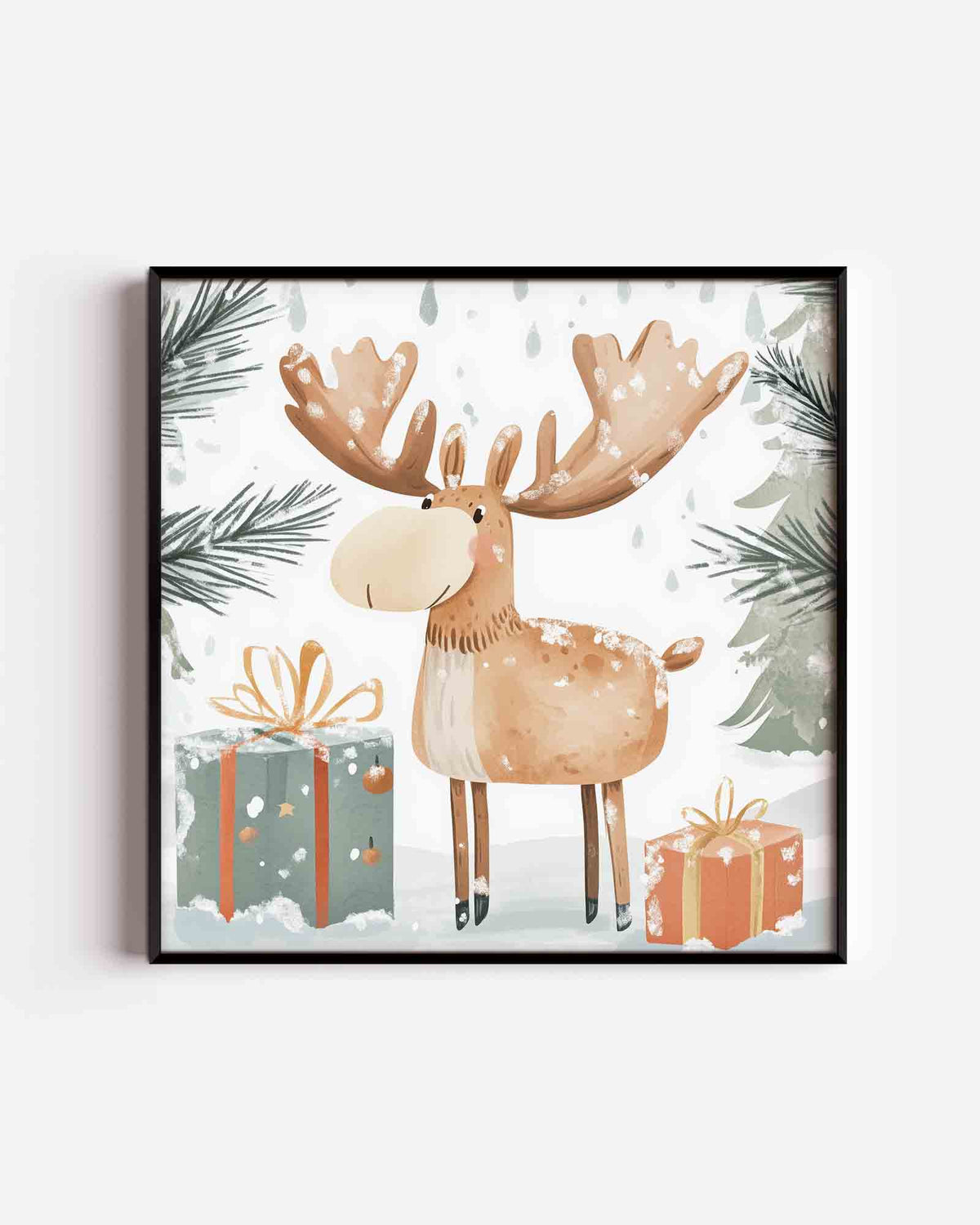 Rendier met cadeaus – vierkante kinderposter als wanddecoratie