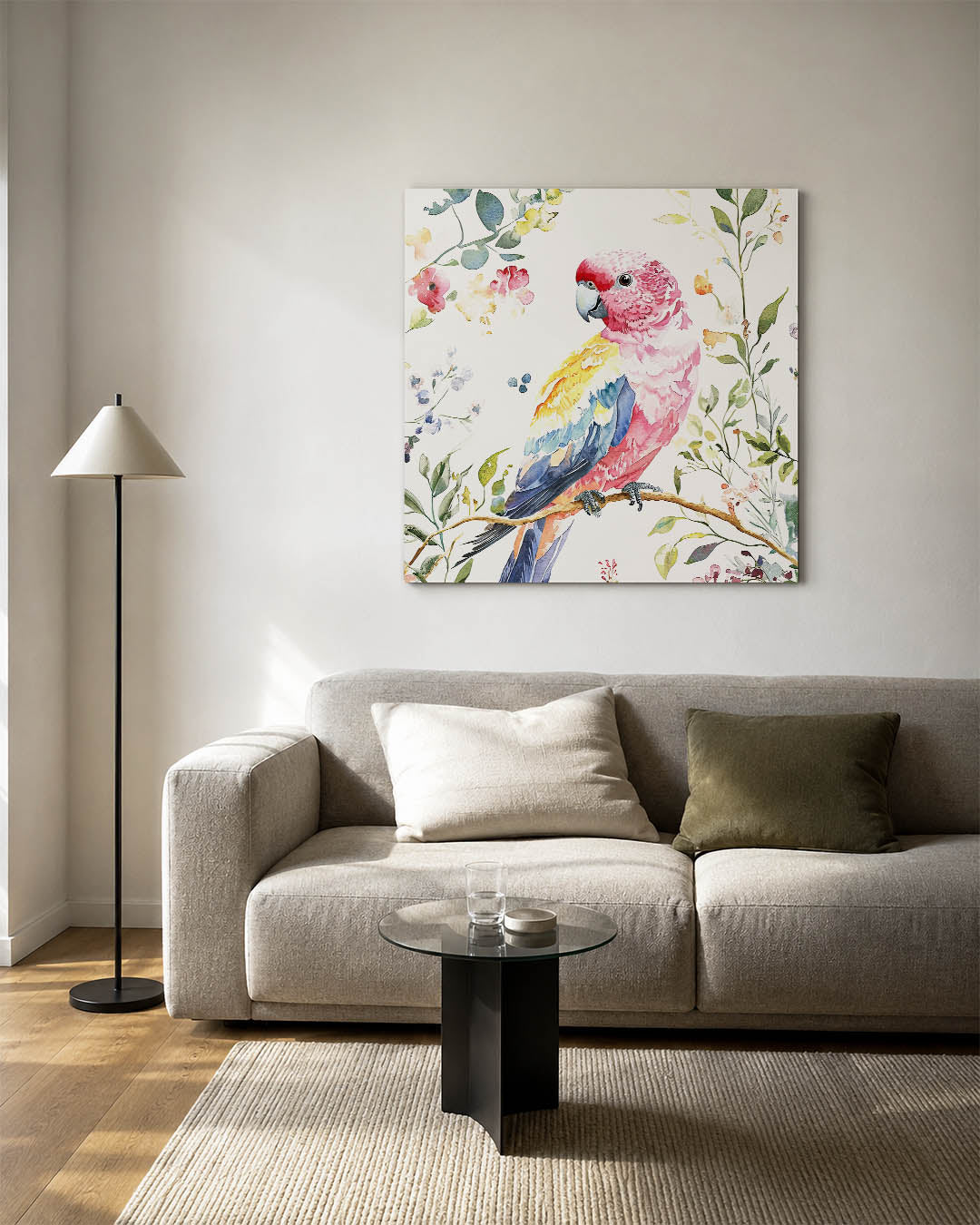 Vrolijke vogel illustratie kunstwerk – detailweergave – dit werk toont een kleurrijke vogel omringd door delicate bloemen en