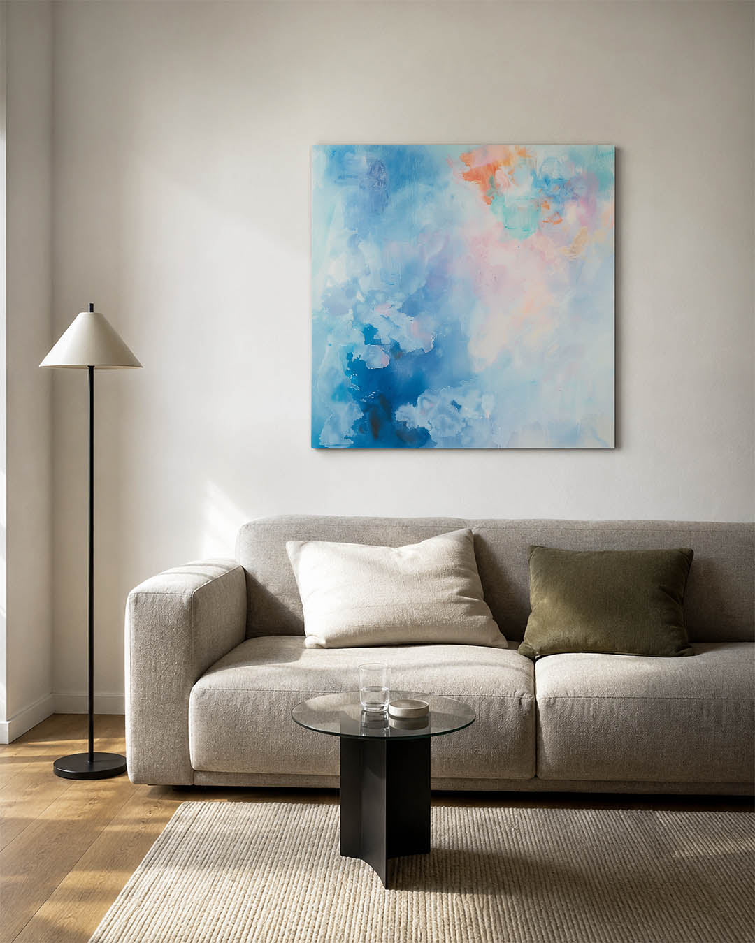 Dromerige kleurenexplosie kunstwerk – vierkante wanddecoratie – dit werk toont een vloeiende mix van blauwe en oranje tinten