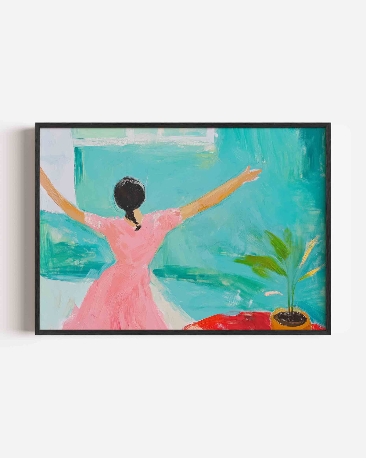 Vrouw in roze jurk – hedendaagse illustratie poster in landscape formaat